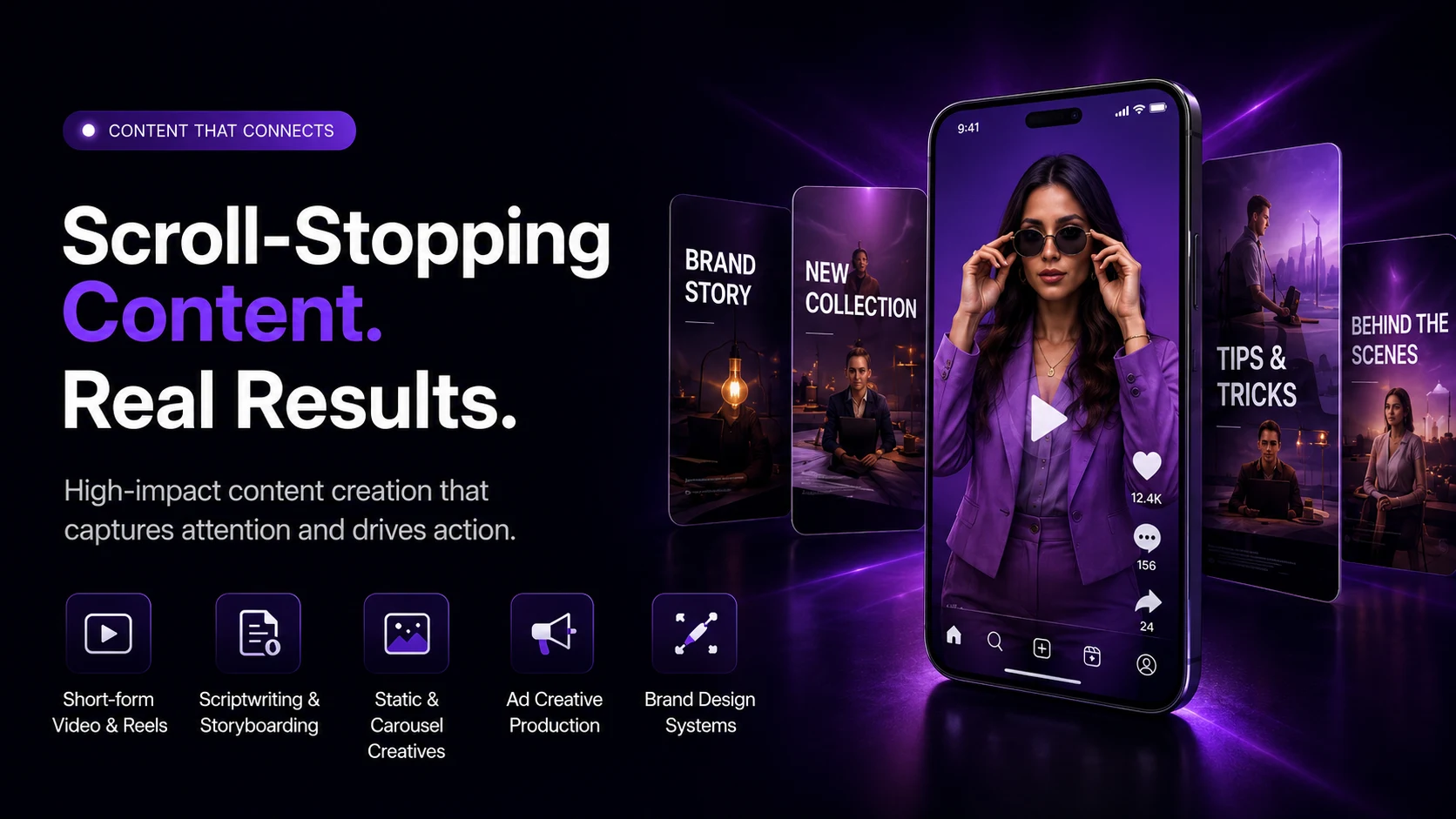 Content creation slide showing scroll-stopping content and real results
